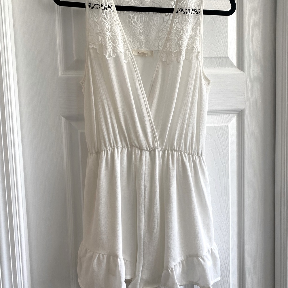 White, Lacey, Plunge-Neck Romper